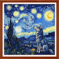 Redxing Counted Cross Stitch Kit for Beginners,Unprinted Needlepoint Kits for Beginners Cross Stitching Embroidery Kit 11CT Stitches kit-Wolf Under Van Gogh's Starry Sky 18x18 inch - color: Setpattern02