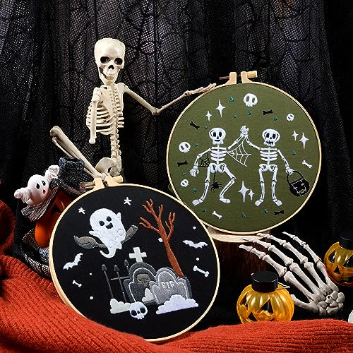 Tigeen 5 Sets Halloween Embroidery Kits for Adult Starter Beginners Ghost Spooky Bat Halloween Stamped Cross Stitch Ornament Kit with Instruction Embroidery Hoop Needle Storage Bag Threads Scissors