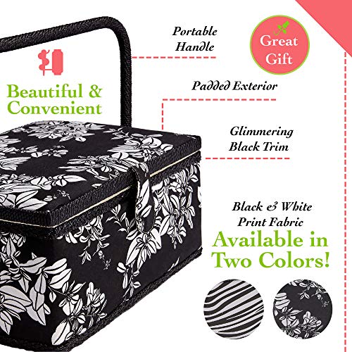 Sewing Basket with Zebra Design - Sewing Kit Storage Box with Removable Tray, Built-in Pin Cushion and Interior Pocket - by Adolfo Design (Medium - 11" x 7" x 5.5", Zebra) - color: Zebra, size: Medium - 11" x 7" x 5.5"
