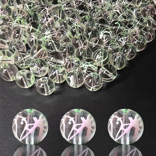 10mm Hand-Drawn Glass Beads Bulk 160pcs Green Pink Round - color: Green&Pink 10mm