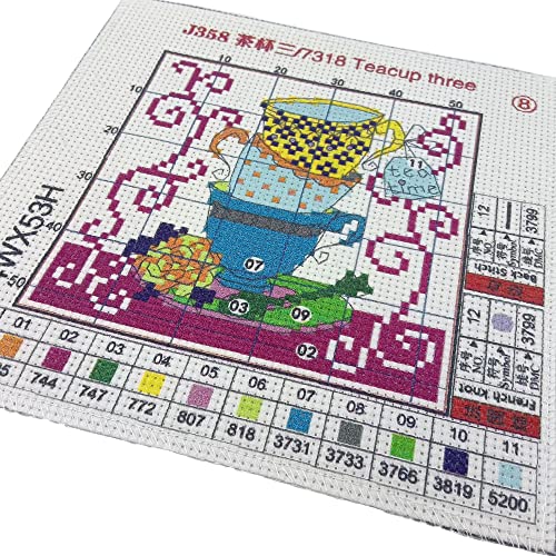Howie's Needlepoint Cross Stitch Kits, 11CT Pre-Printed Pattern Needlepoint Kits, Full Range of Stamped Starter Kits (Teacup Three, 7.1 x 7.1 Inch) - color: Teacup Three