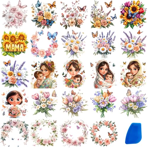 ZMRU 24 Sheets Vintage Mom Rub On Transfers for Crafts, Cold IOD Transfers Stickers for Wood，Furniture Decals, Glass, Porcelain, Leather, Canvas, Fabric Projects,3 * 3inch(Butterfly and Mom) - color: Butterfly and Mom