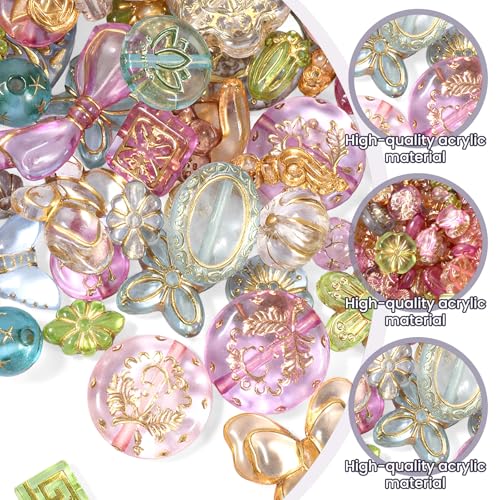 50-70 Pcs Cute Assorted Kawaii Aesthetic Beads Assorted Bohemia Acrylic Beads Heart Butterfly Flower Round Oval Czech Bead Bulk Metal Enlaced Transparent Aesthetic Bead for Jewelry Making DIY Craft