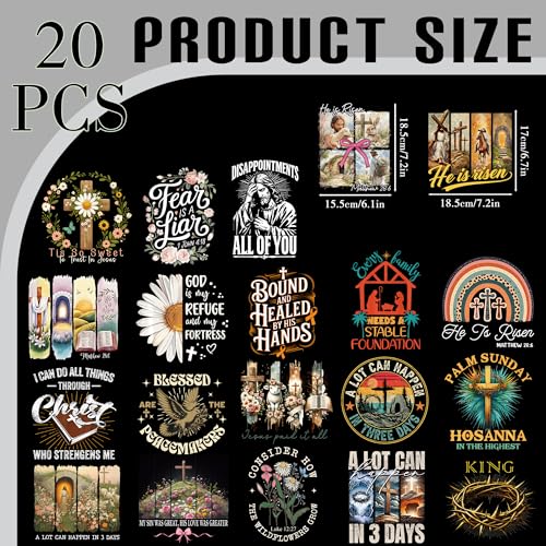Dazoratix Christian Iron on Transfers - 20 Sheets Jesus Religious DTF Ready to Press Bible Verse Cross Heat Patches Stickers Vinyl Decals for T Shirts Clothes Bag Pillow DIY Crafts Applique Decoration - style: Christian