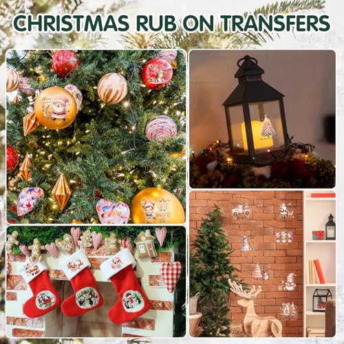 ZMRU 24 Sheets Vintage Christmas Rub On Transfers for Crafts, Rub On Transfers Christmas for Wood，Furniture Decals, Glass, Porcelain, Leather, Canvas, Fabric Projects,3 * 3inch - color: Watercolor Christmas