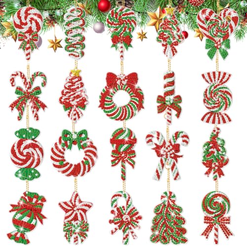Tondiamo 20 Pcs Christmas Candy Diamond Painting Keychain Kits 5D DIY Diamond Art Pendants Double Sided Hanging Key Chains for Christmas Party Decoration DIY - style: Candy