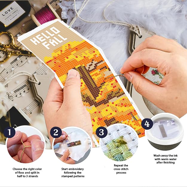 INFUNLY 6pcs/Set Thanksgiving Cross Stitch Bookmarks Kit Fall Leaves Book DIY Stamped Embroidery Bookmark Vintage Pumpkin Handmade Cross Stitch Bookmarks with Backing Felt Instruction for Book Lover - style: Thanksgiving