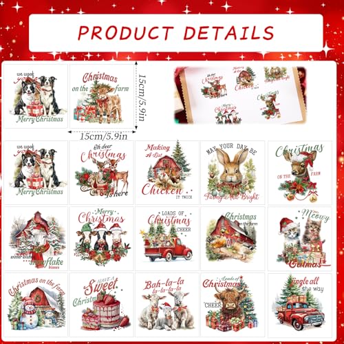 Vintage Christmas Rub on Transfers for Crafts - Wxiben 16 Sheets Farmhouse Rub on Transfers for Furniture Highland Cow Reindeer Sheep Animal Rub on Transfer Stickers for Wood DIY Craft Home Decor - style: Farmhouse Christmas