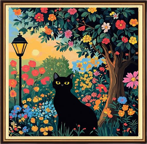 Redxing Counted Cross Stitch Kit for Beginners,Unprinted Needlepoint Kits for Beginners Cross Stitching Embroidery Kit 11CT Stitches kit-Twilight Garden Cat 18x18 inch - color: KitsColor02