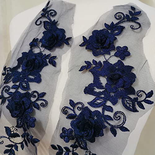 2 Pair 29x13cm Red/Pink/Purple/Sky Blue Wedding Dress Lace Shirt Accessories Embroidery Lace Garment Design DIY Accessories (Navy Blue) - color: navy blue