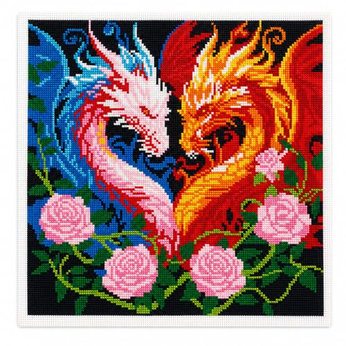 Zhenqing Twin Dragon Heart Stamped Cross Stitch Kit for Beginners, 11CT Printed Full Coverage Fire and Ice Dragon with Roses Pattern, 38 x 38 cm DIY Fantasy Embroidery Needlework Set, No Hoop Needed - color: Fire & Ice Dragon Heart