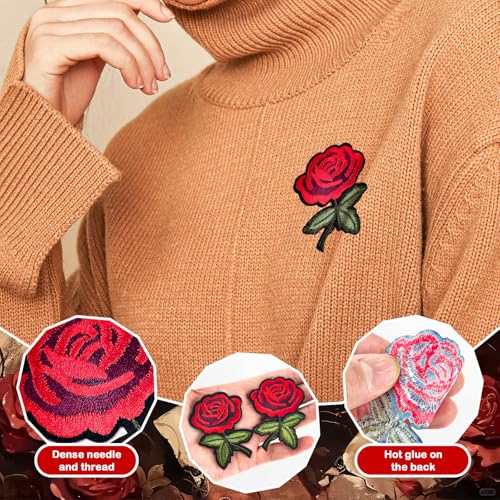 20pcs Rose Iron on Patches Flower Embroidery Patches Applique Valentines Patches for Clothes Hats Jeans Jacket - color: red