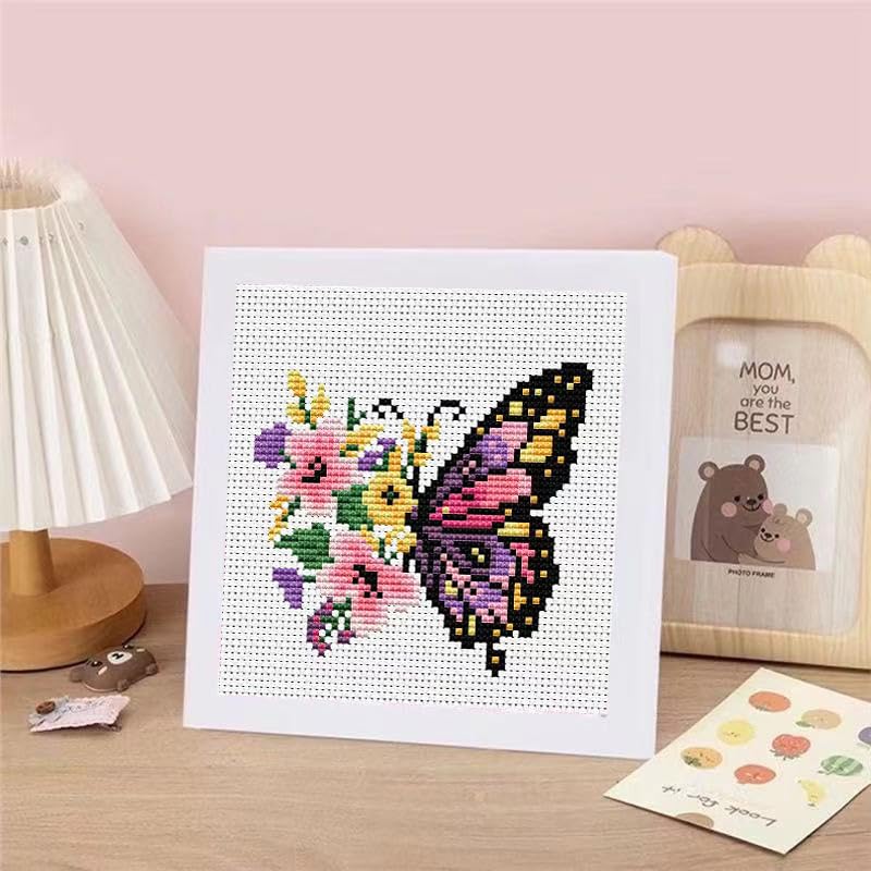 Butterfly Flower Stamped Cross Stitch Kits for Adults Beginners with Frame - color: Butterfly Flowers Cross Stitch with Frame