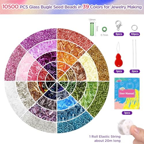 10500pcs Embroidery Glass Tube Seed Beads Kit, 39 Colors Beads for Crafts
