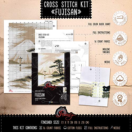 Povitrulya Cross Stitch Kit 'Fujisan', Japanese Landscape - 7.1" х 11", 16 Count Aida Cloth - Needlepoint Set for Adults with Mount Fuji Landscape Pattern - size: Fujisan - 7,1" х 11" (18 х 28 cm)