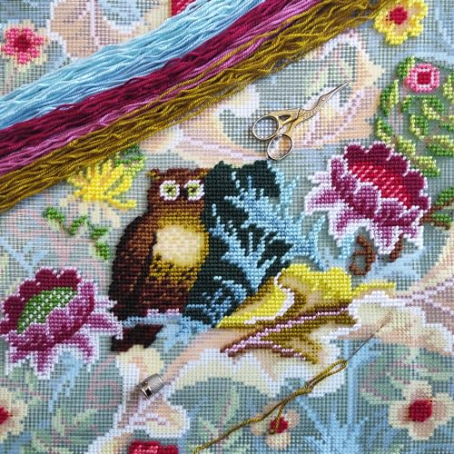 Brvsk Tapestry Needlepoint Kit for Adults and Beginners — Owl by John Henry Dearle 16″ × 16″ with Clear, Precise Printed Design on Cotton Canvas; Includes 2 Needles, Yarn, and Easy-Read Chart - color: Owl