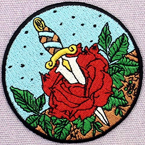 Rose and Dagger Patch Embroidered Applique Badge Iron On Sew On Emblem