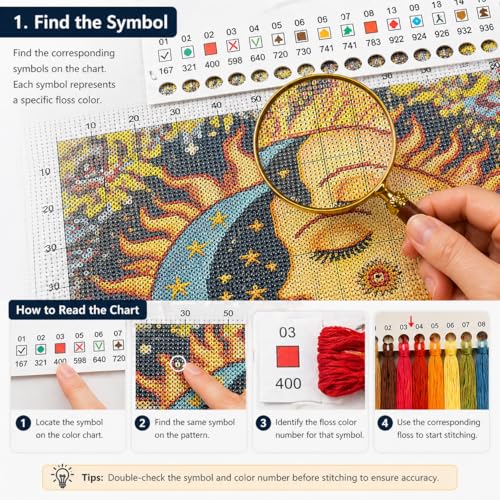 WYBQFDJ Sunflower Sun & Moon Beginner Cross Stitch Kit, 11.8 x 15 in