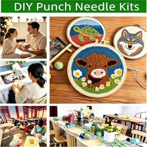 DIY Punch Needle Kits Cute Puppy Golden Retriever Dog with Hoop 20x20cm-1