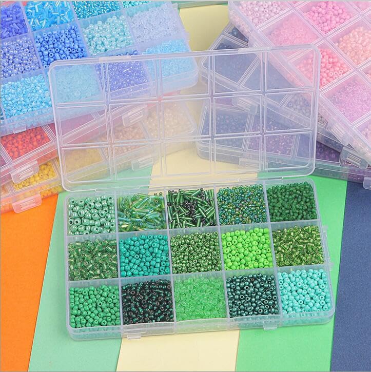 15 Grid Green Glass Seed Bugle Tube Beads Kit for Jewelry Making DIY Craft - color: Green, size: 15 Grid