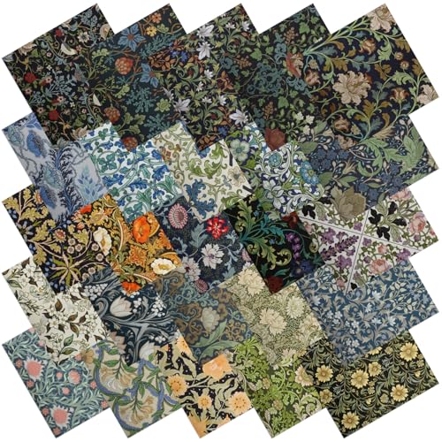 25 Pcs William Morris Cotton Fabric Squares, 10 x 10 Inch, Floral - color: William Morris Flowers