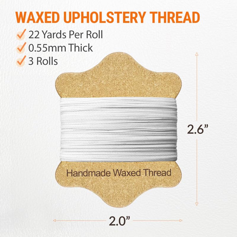 VONEEDL Upholstery Repair Kit: Waxed Sewing Thread (3 Rolls - White Color) & Heavy Duty Needles (11 PCS) for Leather, Canvas & Quilting Thread - color: White 3