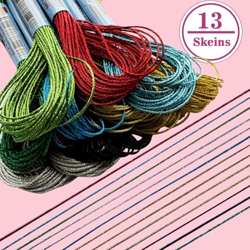 13 Skeins Embroidery Thread, 10 Colors Metallic Embroidery Floss Set, Polyester Cross-Stitch Threads for Hand Embroidery, String Art（10 Colors） - color: 10Metallic mixed Colors, size: 13 skeins