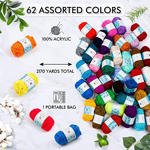 INSCRAFT 62 Acrylic Yarn Skeins, 2170 Yards Yarn for Knitting and Crochet, Includes 2 Crochet Hooks,2 Weaving Needles,10 Stitch Markers, Perfect Beginner Kit for for Adults Kids - color: black
