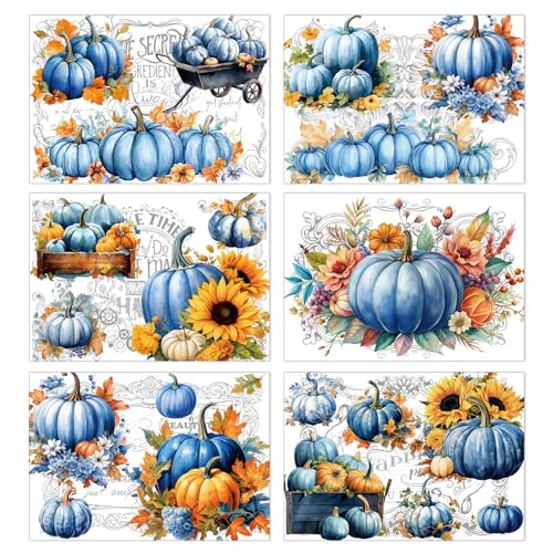Wxiben Rub on Transfers for Crafts and Furniture - 6 Sheet Fall Pumpkin Rub on Transfers Stickers Watercolor Autumn Sunflower Furniture Decals for Thanksgiving Harvest Wood DIY Craft Home Office Decor - style: Blue Fall Pumpkin
