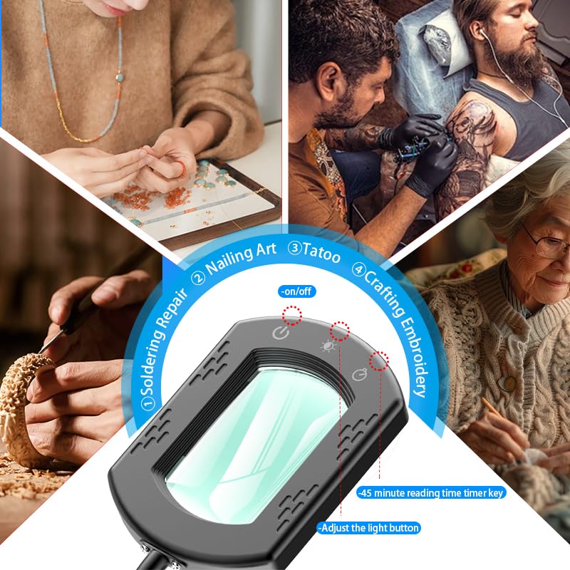 Magnifying Glass with Light and Stand, 15X Hands Free Lighted Magnifying Lamp with 5 Color Modes and Swing Arm, Dimmable LED Desk Magnifier for Crafts, Sewing, Reading, Jewelry, Soldering, Seniors