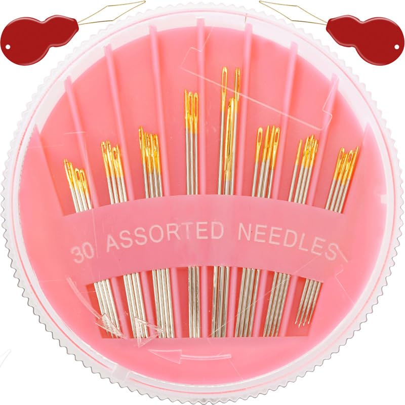 JollMono 30Pack Premium Sewing Needles for Hand Sewing Repair, 6 Sizes Assorted Needles with 2 Threaders, Hand Sewing Needles, Large Eye Stitching Needles, Embroidery Needles, Sewing Sharp Needles - color: 30 Pcs-P