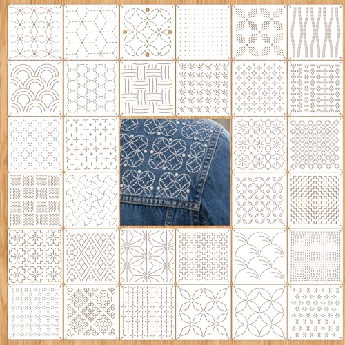 32Pcs Plastic Sashiko Stencil Kit Geometric Sashiko Pattern