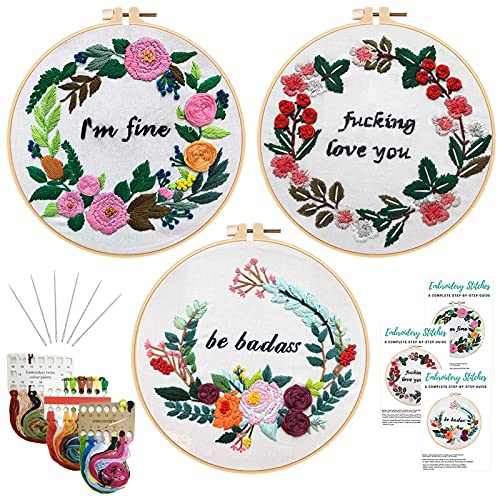 Nuberlic 3 Pack Funny Embroidery Kit for Beginners Adults - color: Flower2