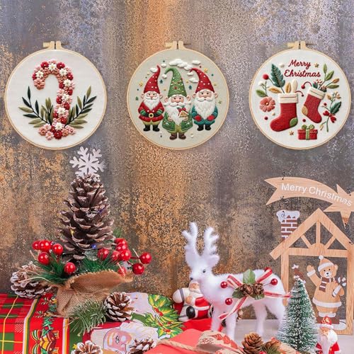 LB Cute Christmas Embroidery Kit for Beginners Adults, 3 Sets Hand Embroidery Starter Kit with Gnome Pattern and Instructions Stamped Cross Stitch Kits Include Embroidery Hoop Needles Threads Scissors - color: Green Pink