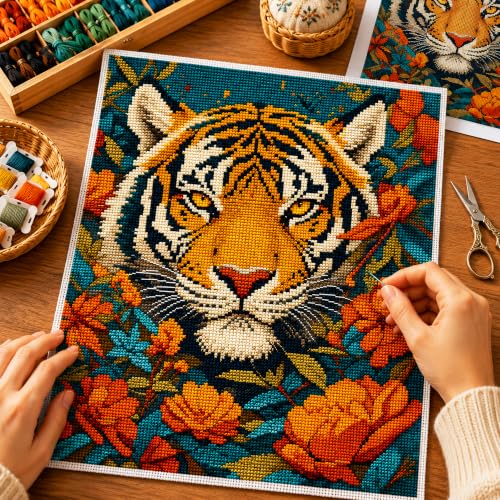 Zhenqing Tiger Stamped Cross Stitch Kit for Beginners, 11CT Printed Full Coverage Tiger Face with Orange Flowers Pattern, 28 x 38 cm Wildlife Animal Embroidery Needlework Set, No Hoop Needed - color: Tiger in Bloom