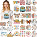 Estune 30 Pcs Boho Iron on Transfers Ready to Press DTF Transfers Retro Floral Iron on Decals Patches Groovy Inspirational Heat Transfer Stickers for T Shirts Clothing Jacket Hat Backpacks DIY Apparel - style: Spring Floral
