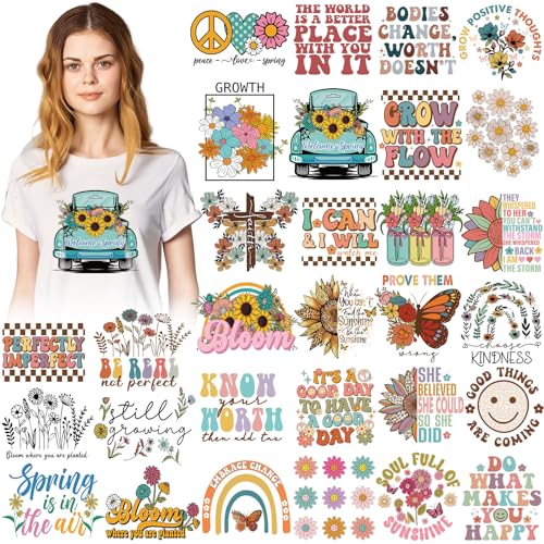 Estune 30 Pcs Boho Iron on Transfers Ready to Press DTF Transfers Retro Floral Iron on Decals Patches Groovy Inspirational Heat Transfer Stickers for T Shirts Clothing Jacket Hat Backpacks DIY Apparel - style: Spring Floral