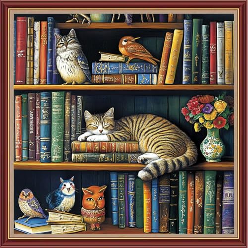 Funchey Counted Cross Stitch Kits for Adults Needlepoint Kits Unprinted Cross Stitching Embroidery Kit 11CT Cross Stitch Supplies& Bookshelf Cat 18x18 inch - color: DIYCrafts20