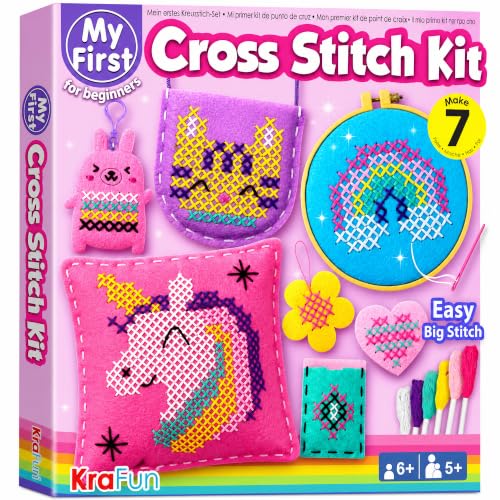 KRAFUN Cross Stitch Kit for Kids Age 5+ | 7 Beginner Projects - color: First Cross-Stitch