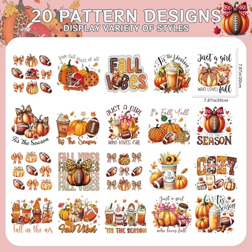 Fall Iron on Transfers for Tshirts - 20Pcs Dtf Transfers Ready to Press, Autumn Pumpkin Iron on Decals Patches, Fall Harvest Season Heat Sublimation Stickers for DIY Clothes Bags Pillows - color: Fall776