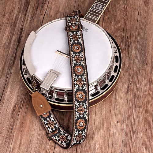 Nefelibata Banjo Strap,2"Wide Double Crazy Horse Leather Jacquard Embroidery Strap Adjustable Replacement,Multi-pattern Strap With Metal Clips - color: A#-embroidery Brown Flower