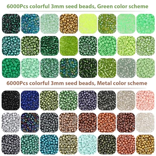 12000PCS 3mm Glass Seed Beads for Jewelry Making 8/0 Small Glass Beads Kit Green/Metallic Collections for Bracelets, Earrings, Necklaces, DIY Crafts & Decorative (48Colors/2 Boxes) - color: Green/Metallic