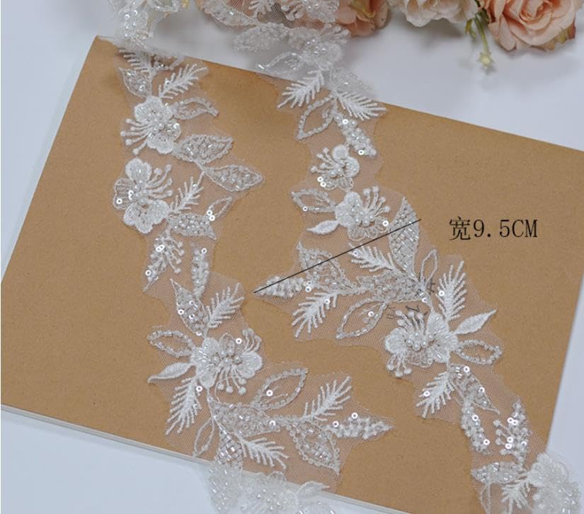 2yard lace Trim Ivory Sequins Beaded Flower Embroidery Appliques - color: SPXB-P3403A-2yR18