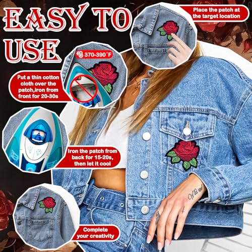20pcs Rose Iron on Patches Flower Embroidery Patches Applique Valentines Patches for Clothes Hats Jeans Jacket - color: red