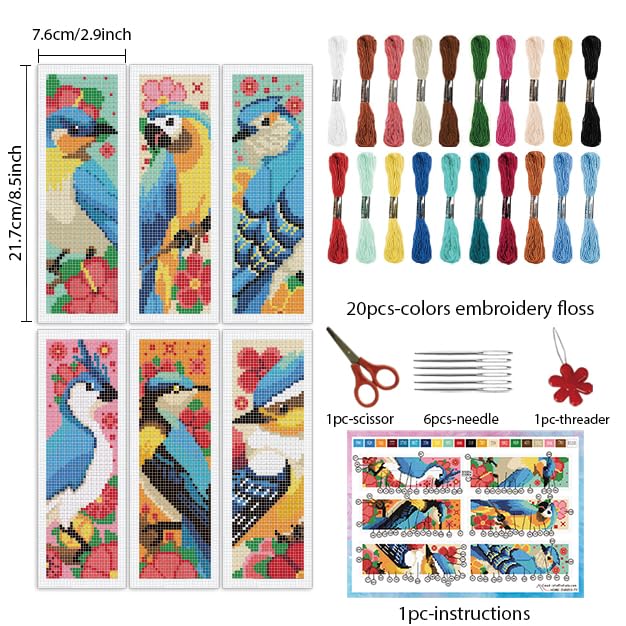 INFUNLY 6PCS Blue Bird Cross Stitch Bookmark Kit for Adult 3×8.5inch Parrot Stamped Embroidery Bookmark Kits with Flower Birds Needlepoint Bookmark Kit with Instruction for Book Lovers Readers - style: Blue Parrot