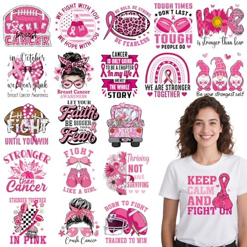 Breast Cancer Awareness Iron on Transfers - 20Pcs Falueqg Dtf Transfers Ready to Press, Football Games Pink Ribbon Breast Cancer Awareness Month Iron on Decals Patches Stickers for DIY Cheer Tshirts - color: breast cancer football 604