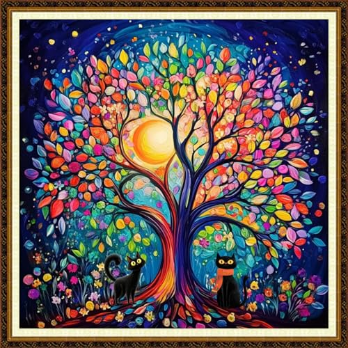 Redxing Counted Cross Stitch Kit for Beginners,Unprinted Needlepoint Kits for Beginners Cross Stitching Embroidery Kit 11CT Stitches kit-Cat Under Moonlight Tree 18x18 inch - color: KitColors15