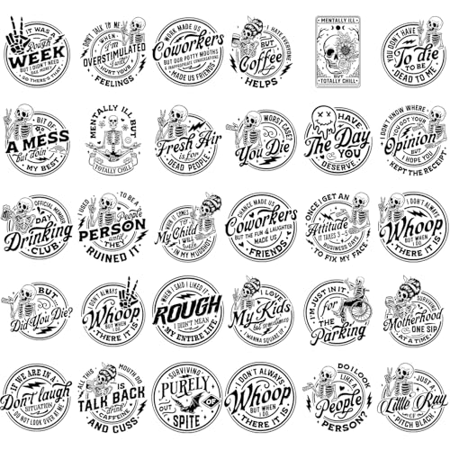 Dazoratix Skull Iron on Transfers - 30 Pcs Snarky Skulls Ready to Press Sarcastic Funny Heat Transfer Stickers Adult Humor Patches for T-Shirts DIY Crafts Women Clothing Appliques Pillow Decorations - size: 30 Sheets, style: Sarcastic Skull