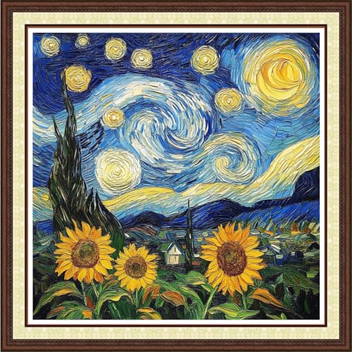 Findvoor Counted Cross Stitch Kits for Adults Full Range of Cross Stitching Embroidery Unprinted Pattern for Beginners, 11CT Needlepoint Kit Patterns Embroidery Kits-Van Gogh Starry Sky 18x18 inch - color: ColorCraft10