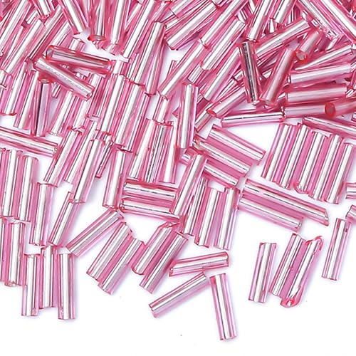 2000pcs Glass Bugle Beads, Tube Beads Bulk, Mini Long Tiny Small Waist Loose Spacer Embroidery Beaded for Bracelets Jewelry Making Sewing, Crafts, 2×6mm, Pink - color: Pink